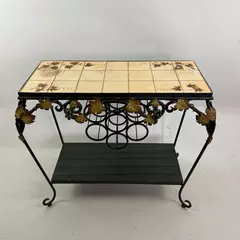 Vintage Wrought Iron Tile Top Table Wine Rack With Bottom Shelf