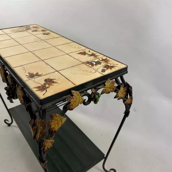 Vintage Wrought Iron Tile Top Table Wine Rack With Bottom Shelf