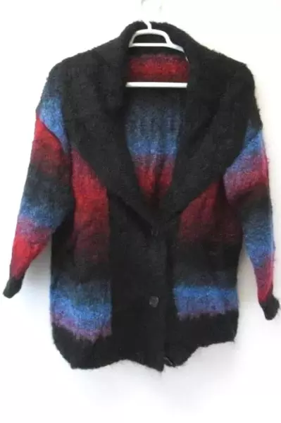 Vintage Women's Large Coat Blue Black Red Fuzzy Knit Crochet Buttons Collar
