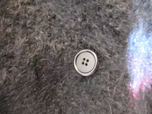 Vintage Women's Large Coat Blue Black Red Fuzzy Knit Crochet Buttons Collar