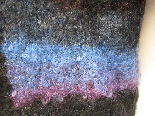 Vintage Women's Large Coat Blue Black Red Fuzzy Knit Crochet Buttons Collar