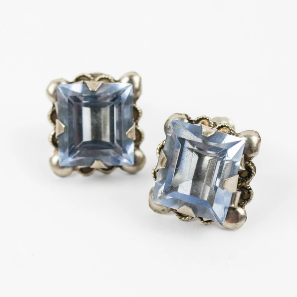 Light Blue Faceted Glass Silver-Tone Screw Back Earrings