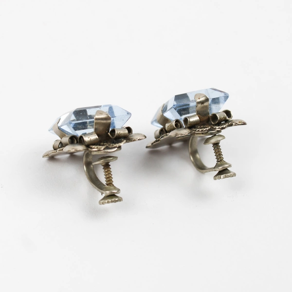 Light Blue Faceted Glass Silver-Tone Screw Back Earrings