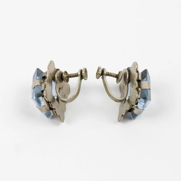 Light Blue Faceted Glass Silver-Tone Screw Back Earrings
