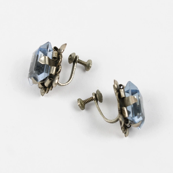 Light Blue Faceted Glass Silver-Tone Screw Back Earrings