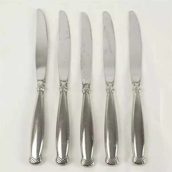 Set of 5 Oneida Silver Satin Rattan Modern Hollow Handle Dinner Knives 