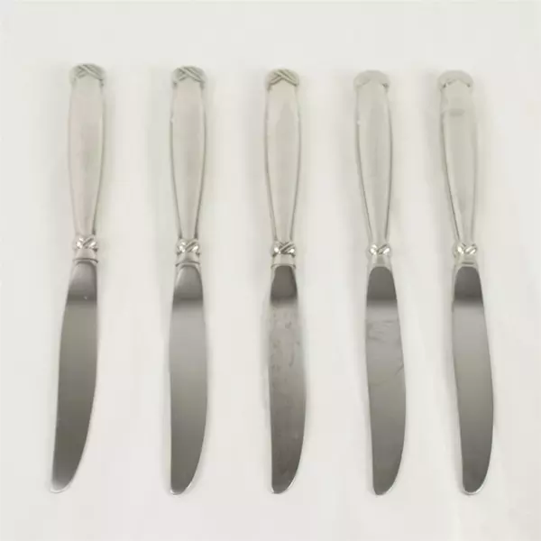 Set of 5 Oneida Silver Satin Rattan Modern Hollow Handle Dinner Knives 