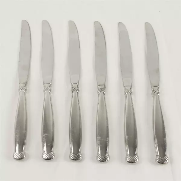 Set of 6 Oneida Silver Satin Rattan Modern Hollow Handle Knives 9in
