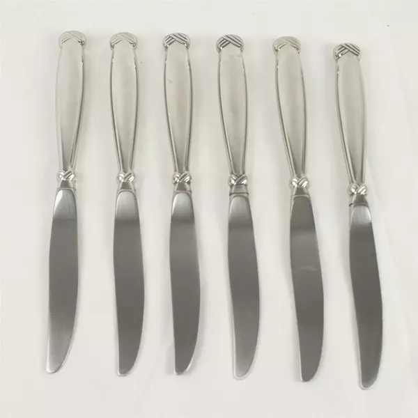 Set of 6 Oneida Silver Satin Rattan Modern Hollow Handle Knives 9in