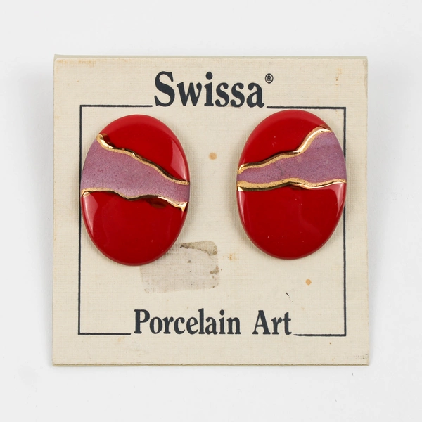 Swissa Porcelain Art Red Hand Painted Ovals Made in Seattle WA. Costume Jewelry