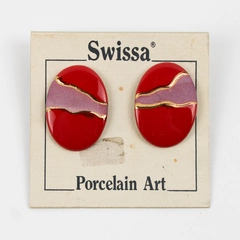 Swissa Porcelain Art Red Hand Painted Ovals Made in Seattle WA. Costume Jewelry