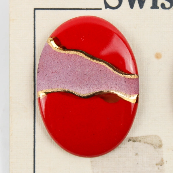 Swissa Porcelain Art Red Hand Painted Ovals Made in Seattle WA. Costume Jewelry