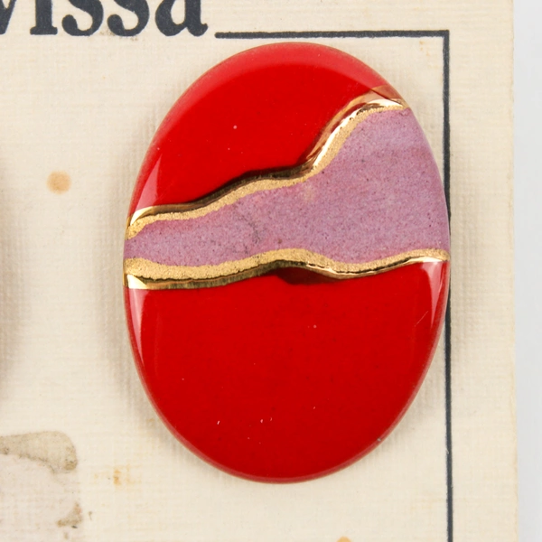 Swissa Porcelain Art Red Hand Painted Ovals Made in Seattle WA. Costume Jewelry