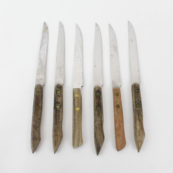 Lot Of 6 Vintage Stainless Steel Steak Knives With Wood Handles Japan 