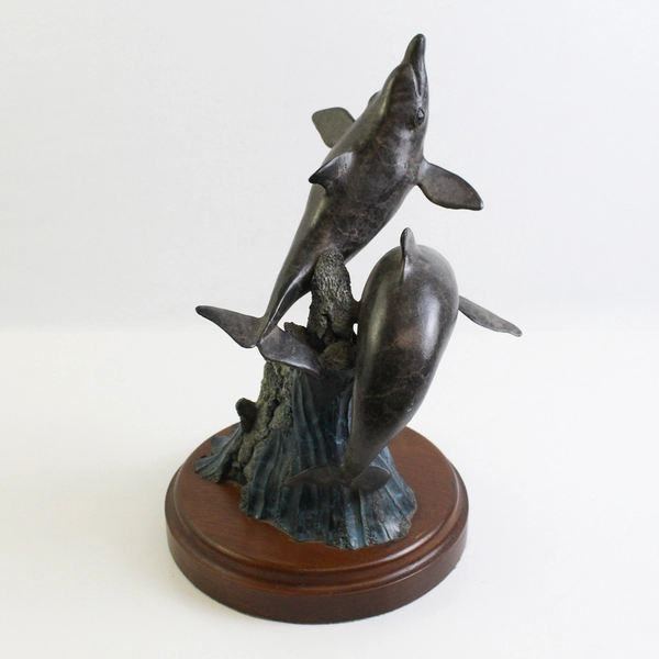Vintage Cast Metal Dolphins Splash Dance Sculpture Statue Figure