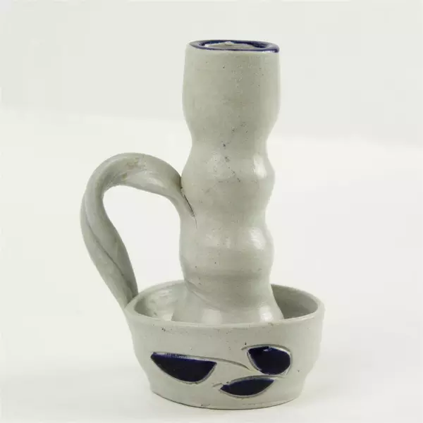Williamsburg Pottery Factory Salt-Glazed Cobalt Leaf Candlestick Holder 4.75"