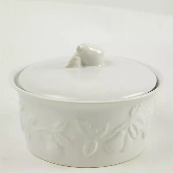 Norpro White Glazed Stoneware Serving Container Pear & Leaf Pattern