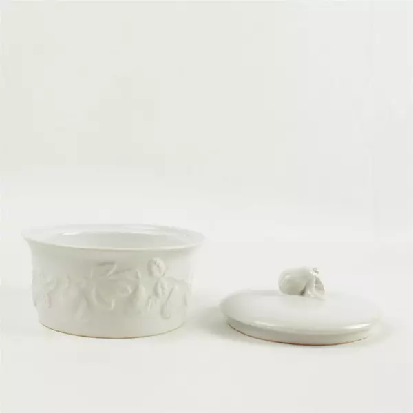 Norpro White Glazed Stoneware Serving Container Pear & Leaf Pattern
