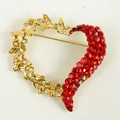Vntg Gold Tone Heart Shaped Large Pin Red/Clear Crystal Rhinestones 2"X2"