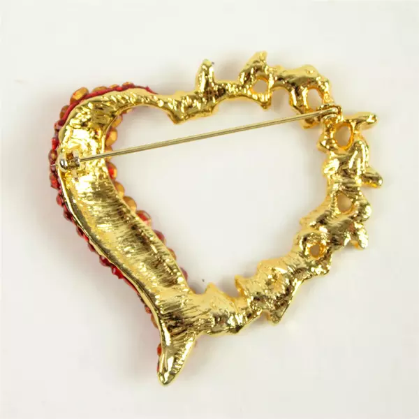 Vntg Gold Tone Heart Shaped Large Pin Red/Clear Crystal Rhinestones 2"X2"