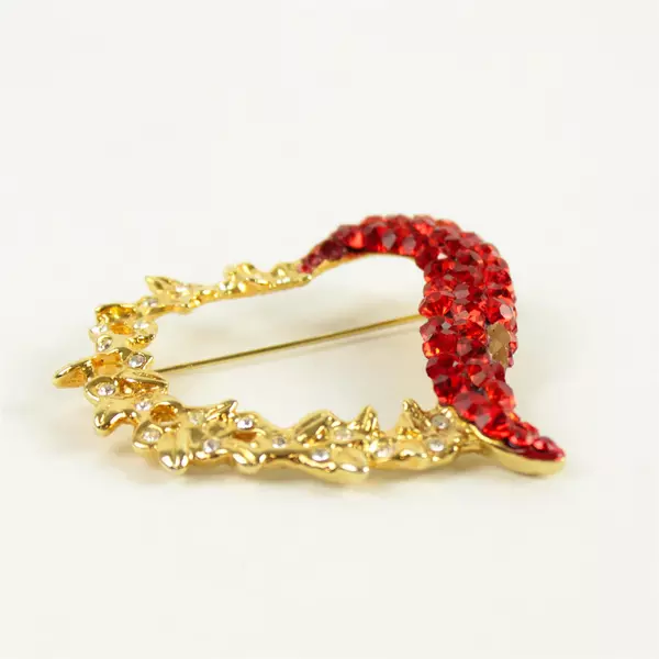 Vntg Gold Tone Heart Shaped Large Pin Red/Clear Crystal Rhinestones 2"X2"