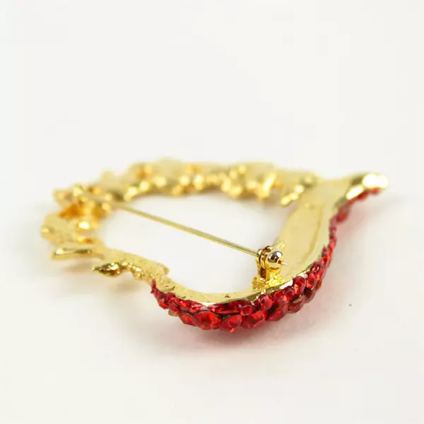 Vntg Gold Tone Heart Shaped Large Pin Red/Clear Crystal Rhinestones 2"X2"