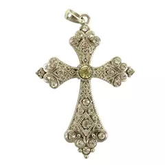Large Ornate Silver-Tone Cross Pendant with Faux Crystals Vintage
