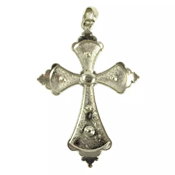 Large Ornate Silver-Tone Cross Pendant with Faux Crystals Vintage