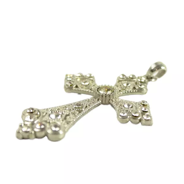Large Ornate Silver-Tone Cross Pendant with Faux Crystals Vintage