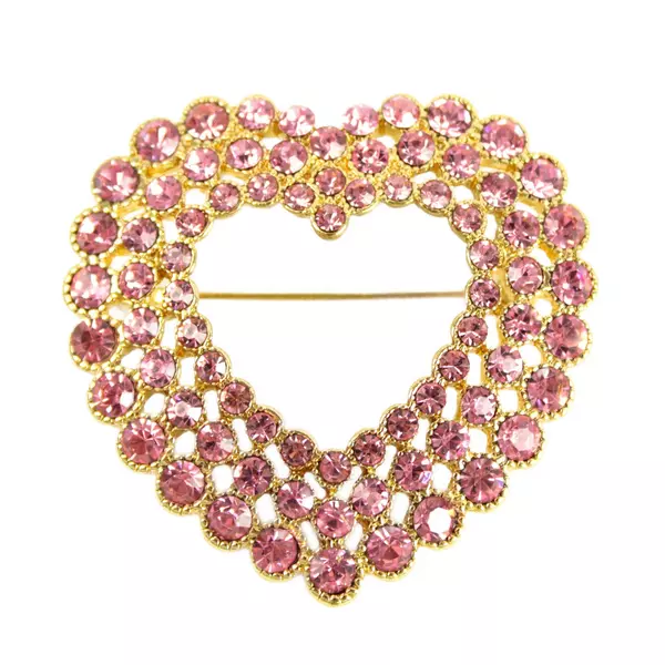Monet Pink Rhinestone Heart Brooch Pin Gold Tone Vintage