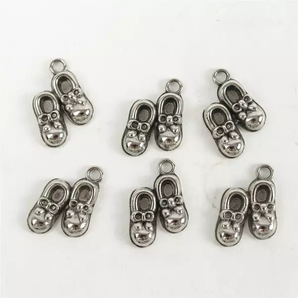 Set of 6 Aged Silver Plated Baby Shoe Charms Vintage Patina Jewelry