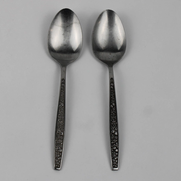 Lot of 2 Pageant Harvest Pattern Stainless Black Accent Soup Spoons 7.25" Good