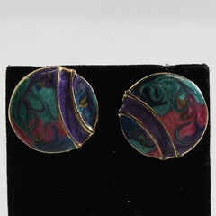 VTG 1980s Round Pink Purple Green Swirl Enamel Gold-Tone Stud Earrings