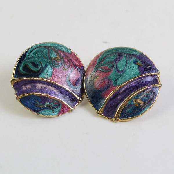 VTG 1980s Round Pink Purple Green Swirl Enamel Gold-Tone Stud Earrings