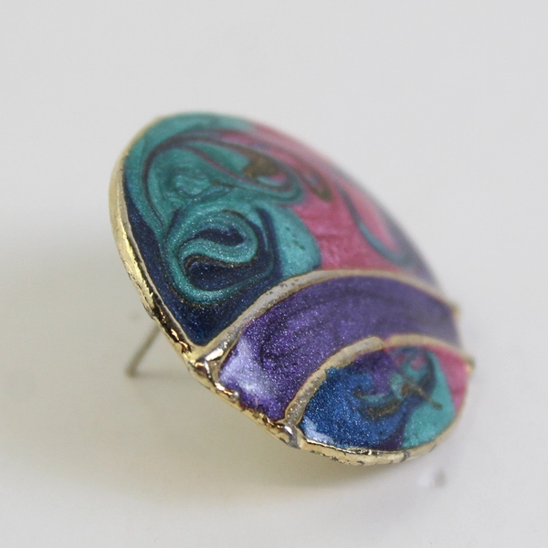 VTG 1980s Round Pink Purple Green Swirl Enamel Gold-Tone Stud Earrings