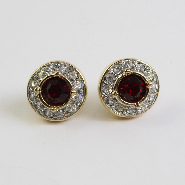 Swarovski Red and Colorless Stones Gold-Tone Halo Stud Earrings