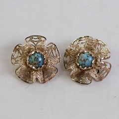 VTG Silver-Tone Filigree Faux Turquoise Cabochon Clip-On Earrings
