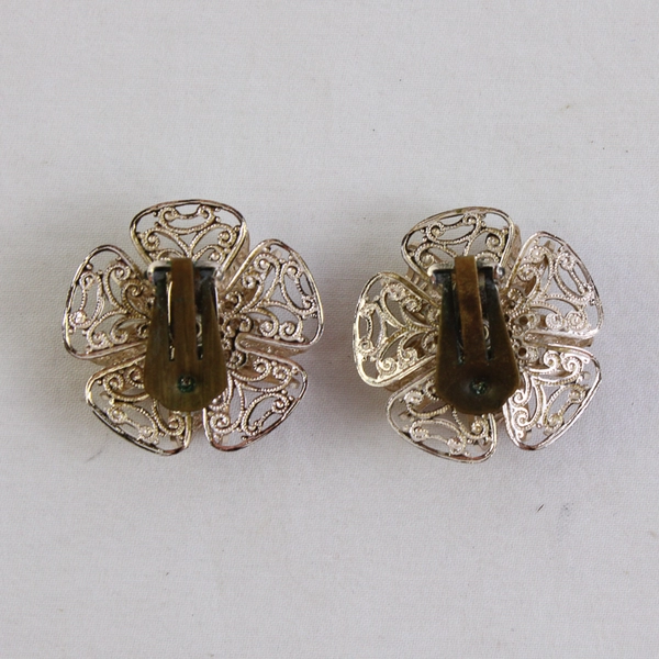 VTG Silver-Tone Filigree Faux Turquoise Cabochon Clip-On Earrings