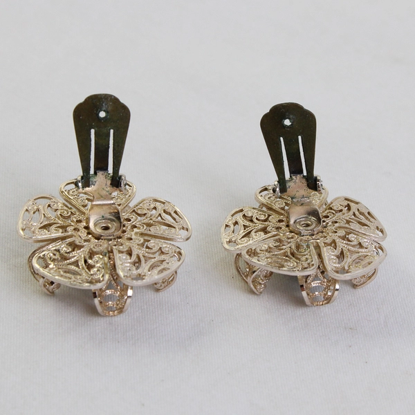 VTG Silver-Tone Filigree Faux Turquoise Cabochon Clip-On Earrings