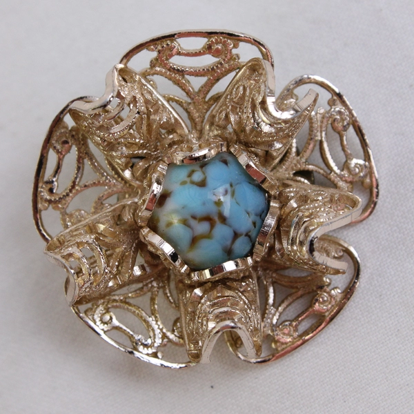 VTG Silver-Tone Filigree Faux Turquoise Cabochon Clip-On Earrings