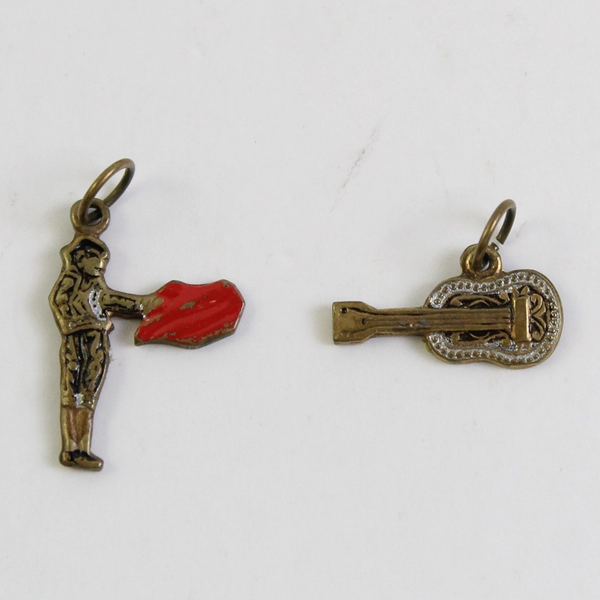 Lot of 2 Vintage Metal Enamel Charms Matador Bullfighter and Guitar 3/4" & 5/8"