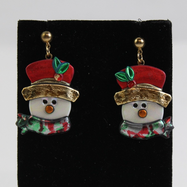 Vintage Handmade Iridescent Snowman Kitsch Drop Earrings