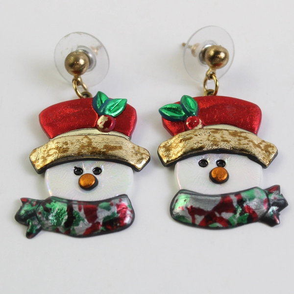 Vintage Handmade Iridescent Snowman Kitsch Drop Earrings