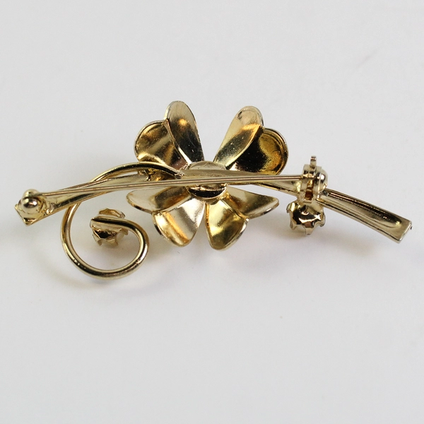 Vintage Gold-Tone Shamrock Flower Imitation Pearls Brooch