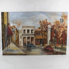 Oil Painting Canvas Street Scene in Autumn Unframed Signed Veta B. 1975