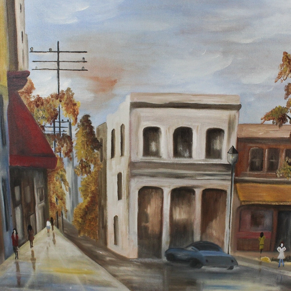 Oil Painting Canvas Street Scene in Autumn Unframed Signed Veta B. 1975