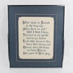 Vintage Framed Cross Stitch What Made Us Friends Poem George Webster Douglas