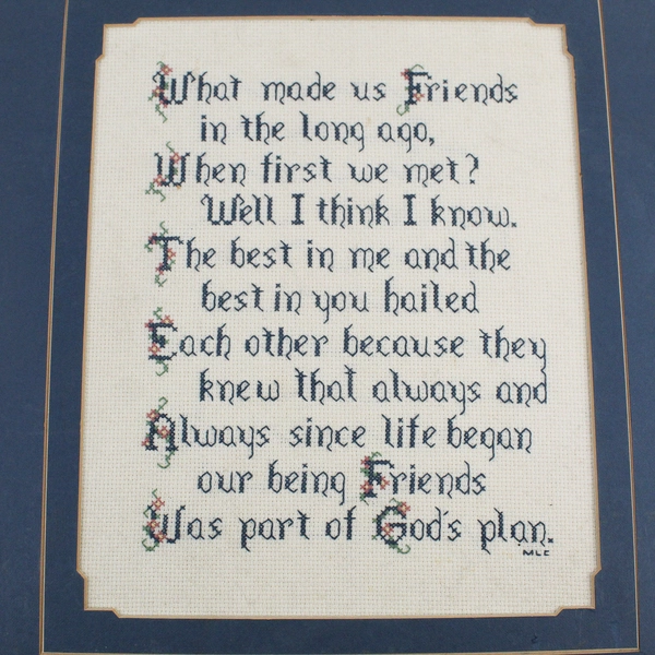 Vintage Framed Cross Stitch What Made Us Friends Poem George Webster Douglas