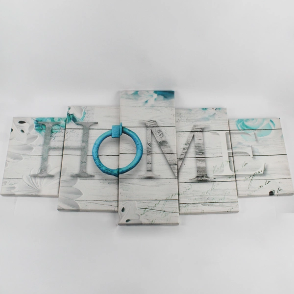 Five Piece "Home" Canvas Wall Art Rustic White Turquoise