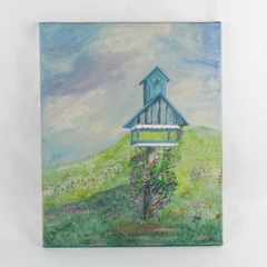 Oil Painting Blue Birdhouse Canvas 2013 Pat Domogalla Signed